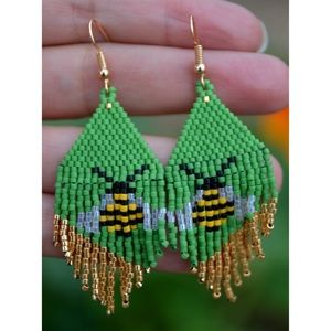 MIYUKI hand beaded earrings, bees with gold and green